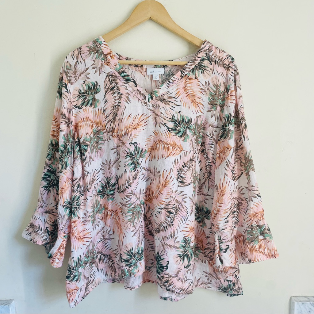 J. Jill Love Linen Tropical Floral Ruffle Sleeve Blouse Size Xlp Pink V-Neck